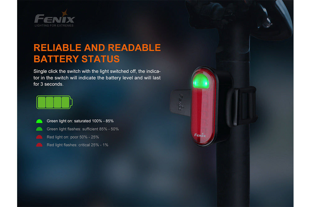 Fenix BC05R V2.0 rechargeable bicycle tail light mounted on a bike, showing its compact design and bright red illumination.