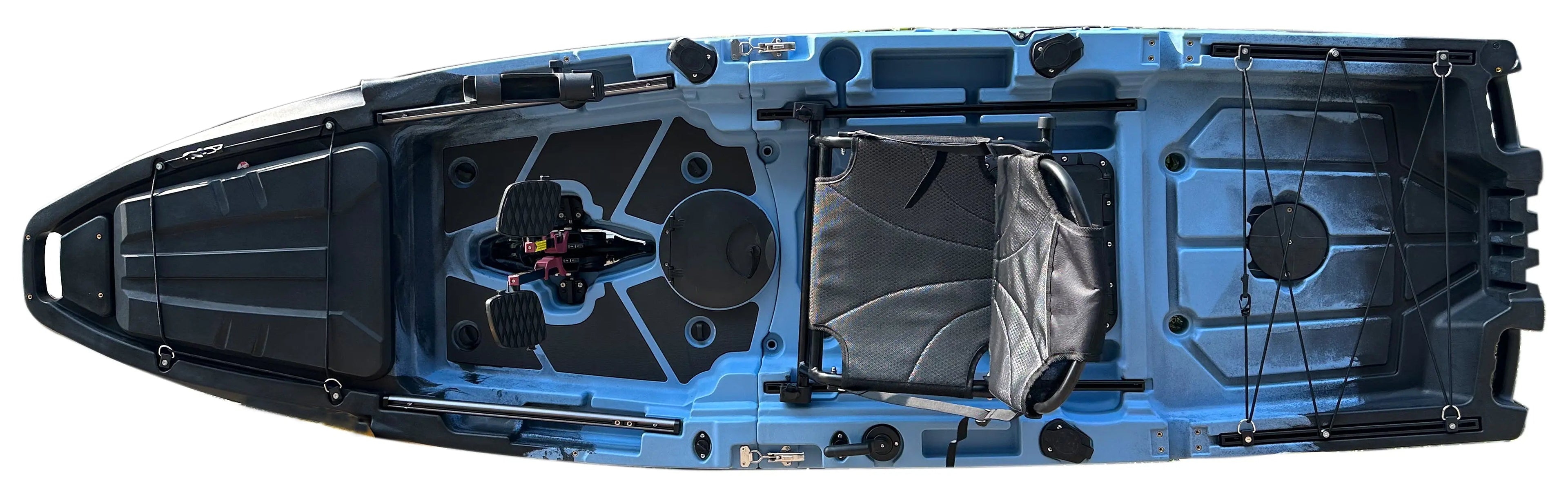 ReelYaks 10ft Recon Modular Fin Drive Pedal Fishing Kayak with 2-piece design and 430lb capacity, shown on water.