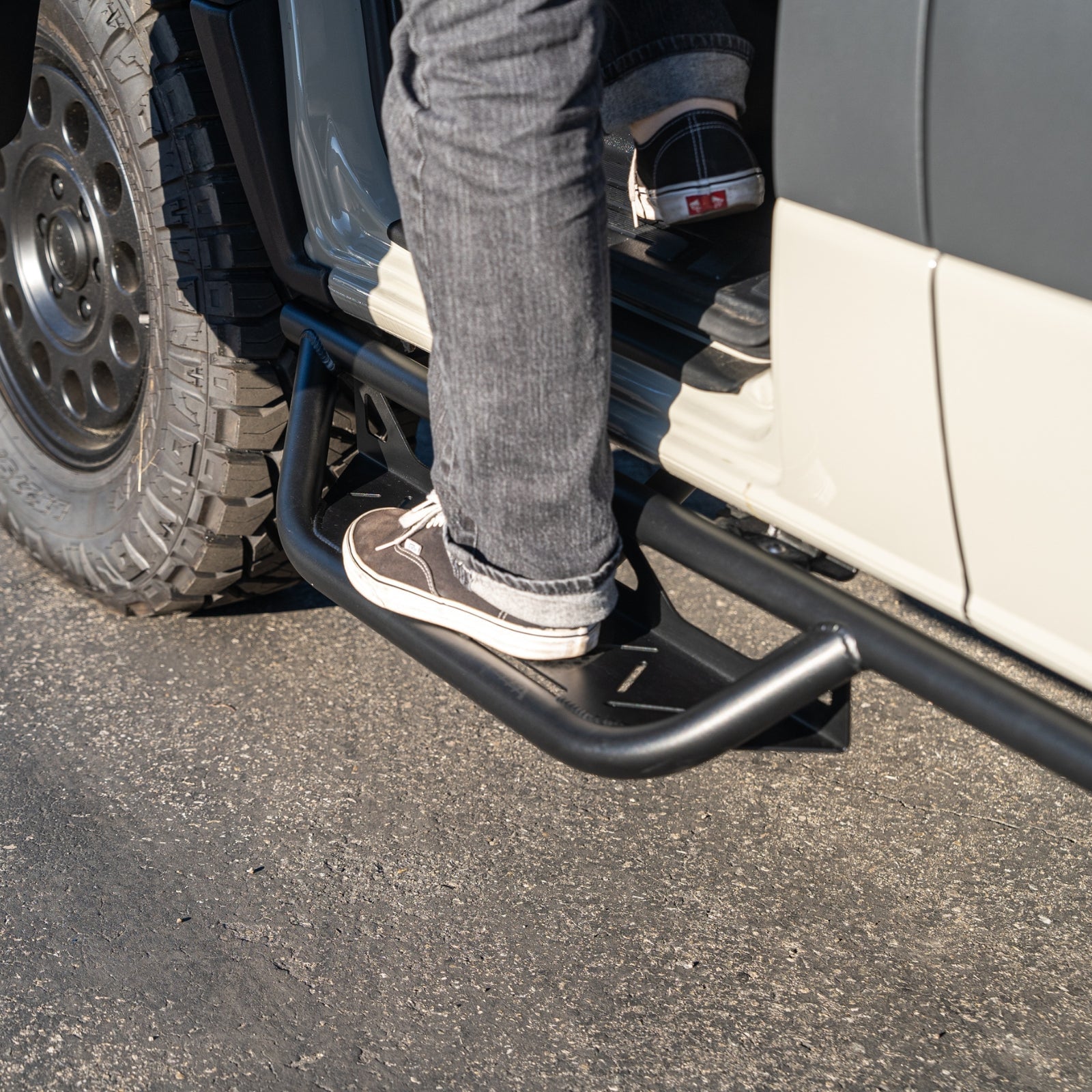 Vanspeed Sprinter side steps with a sleek design, enhancing accessibility for van entry and exit.