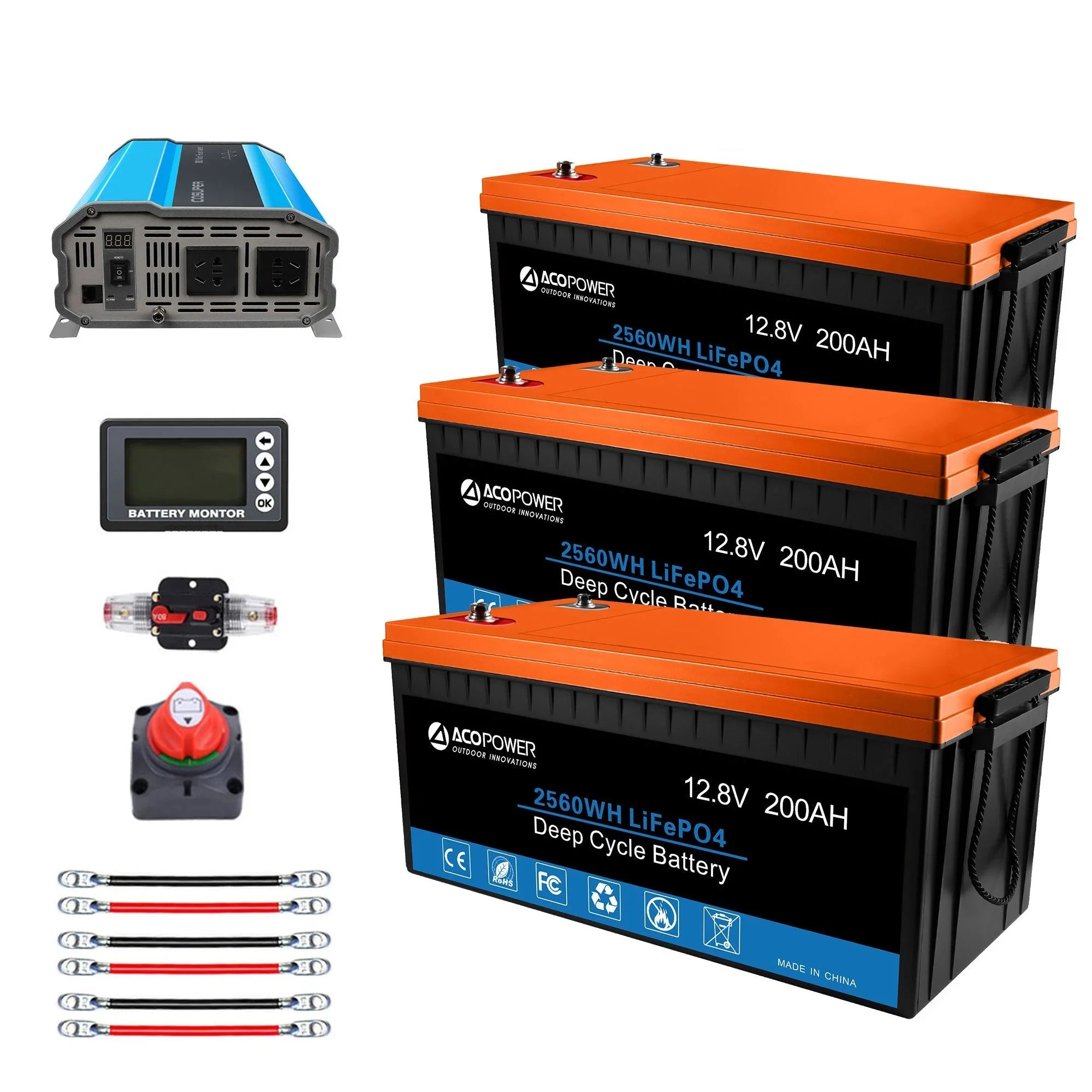 Green Vista Living lithium battery mono solar power system with inverter, batteries, and RV or boat setup, off-grid 12V kit.