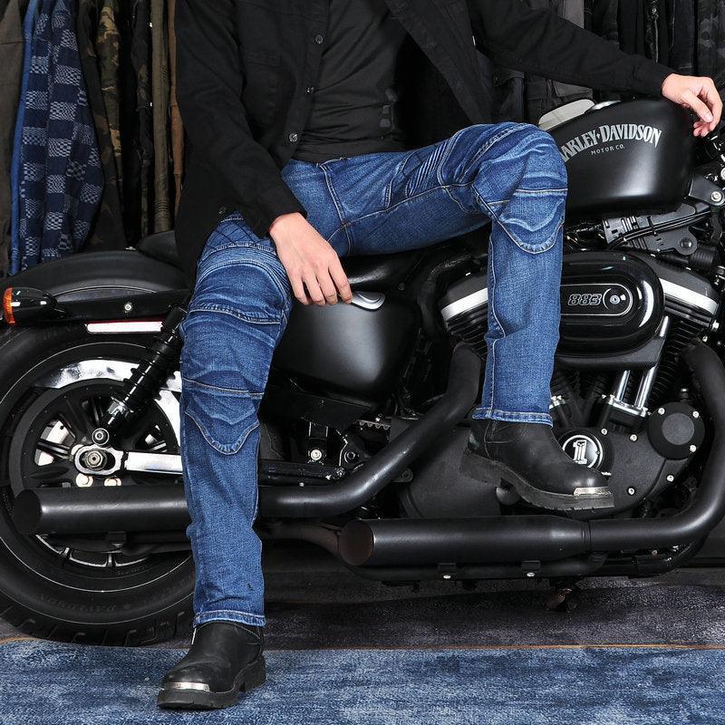 Loong Biker™ Cross Fire Kevlar motorcycle jeans for men, durable black motorcycle pants with reinforced Kevlar panels, for riding safety.