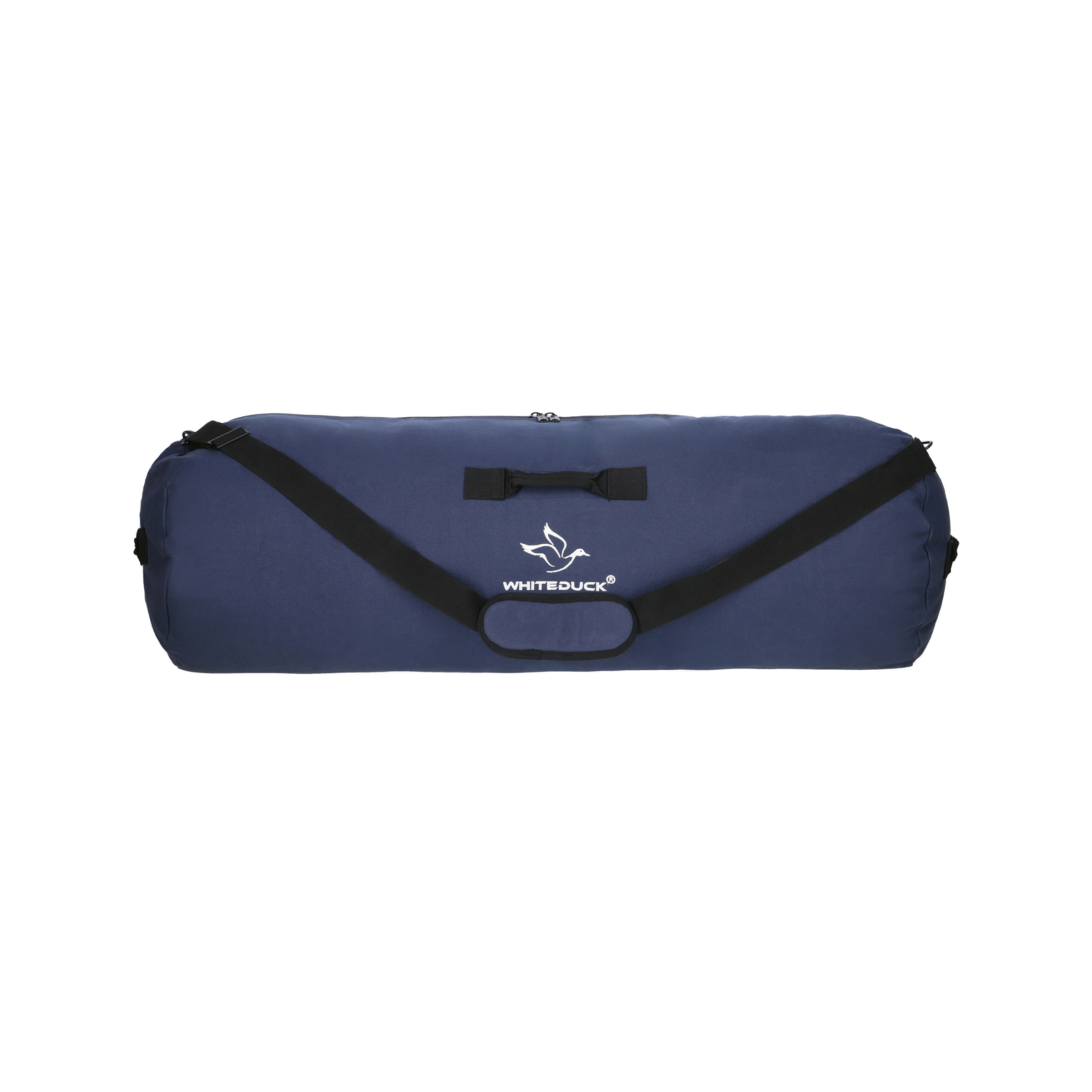 White Duck Outdoors Hoplite Canvas Duffel Bag showing durable beige fabric, sturdy handles, and spacious main compartment.