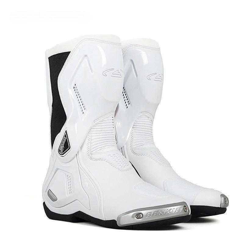 Benkia™ Titanium Alloy motorcycle riding boots by Bean's Moto Booth, black leather boots with titanium alloy accents and sturdy design.
