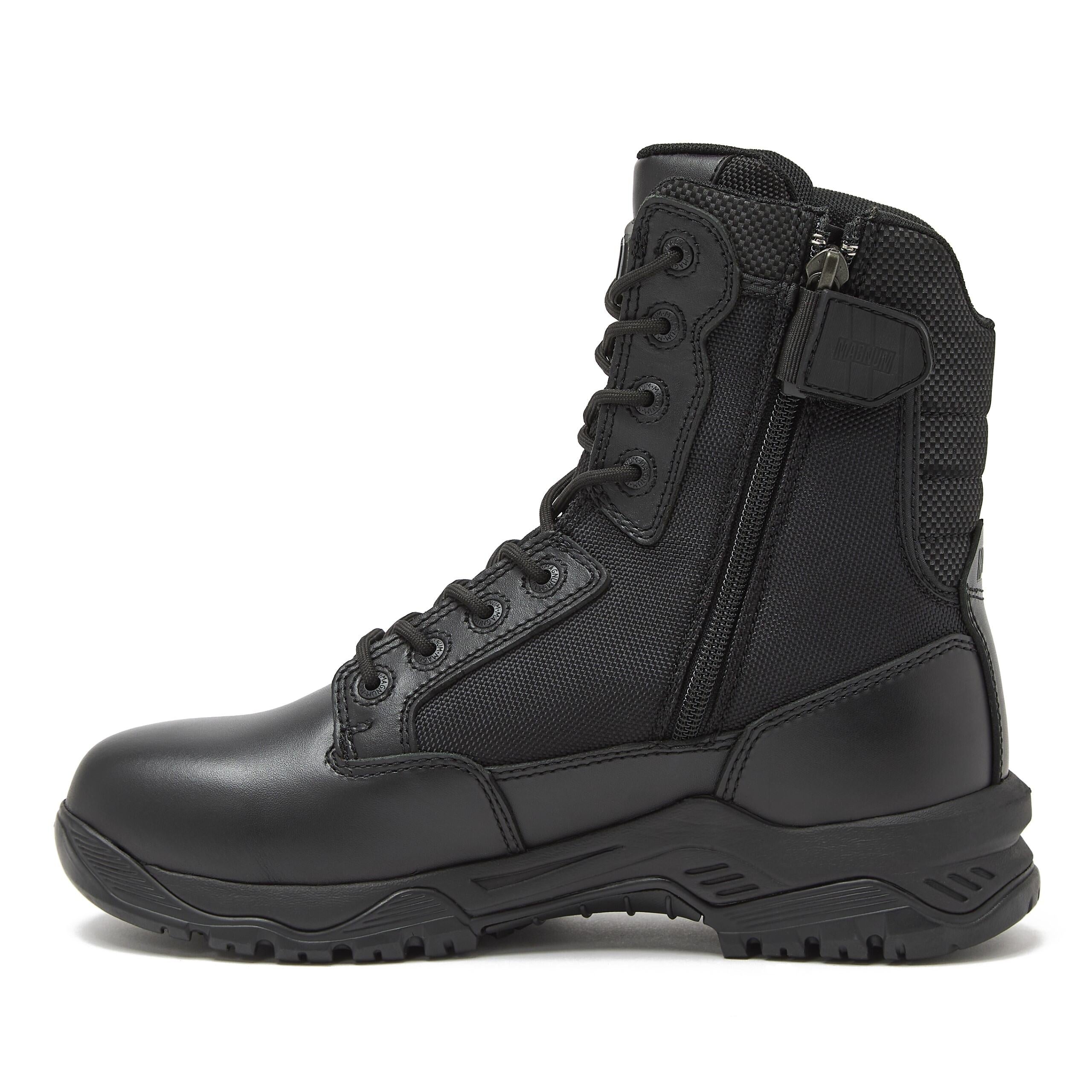 Magnum Boots Strike Force 8-inch tactical boots with durable leather and breathable fabric, black color, side zipper and rugged sole.