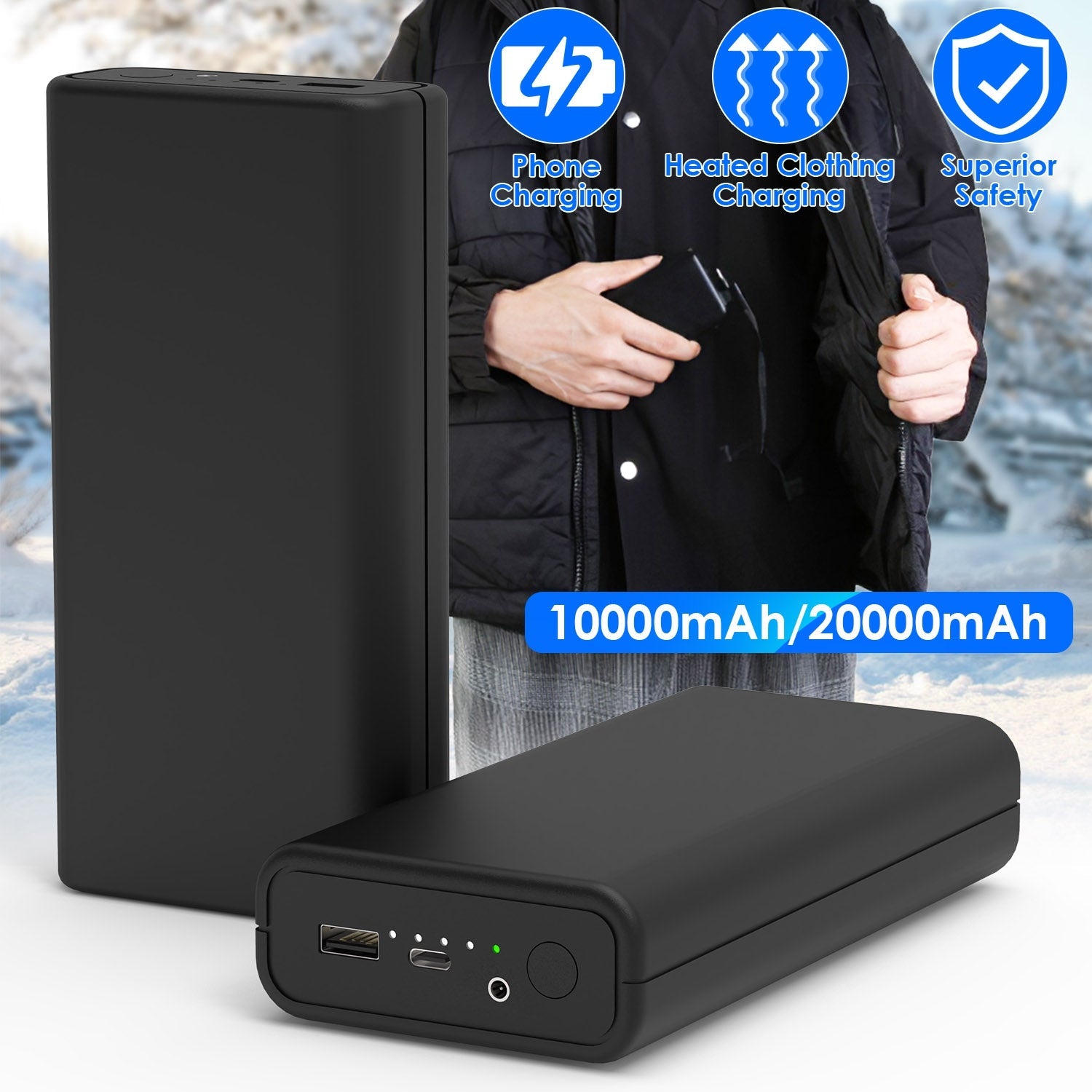 20000mAh 5V 2A Power Bank for Heated Jackets Vests Pants Gloves Scarves DC 7.4V 2A Heated Clothing Replacement Battery Pack for Men Women - OVERLANDERS Outfitter