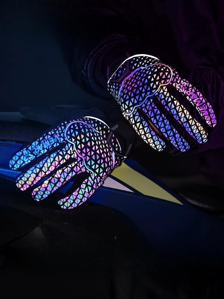 VEMAR™ Night Elf reflective motorcycle gloves by Bean's Moto Booth with padded palms and reflective details for night riding.