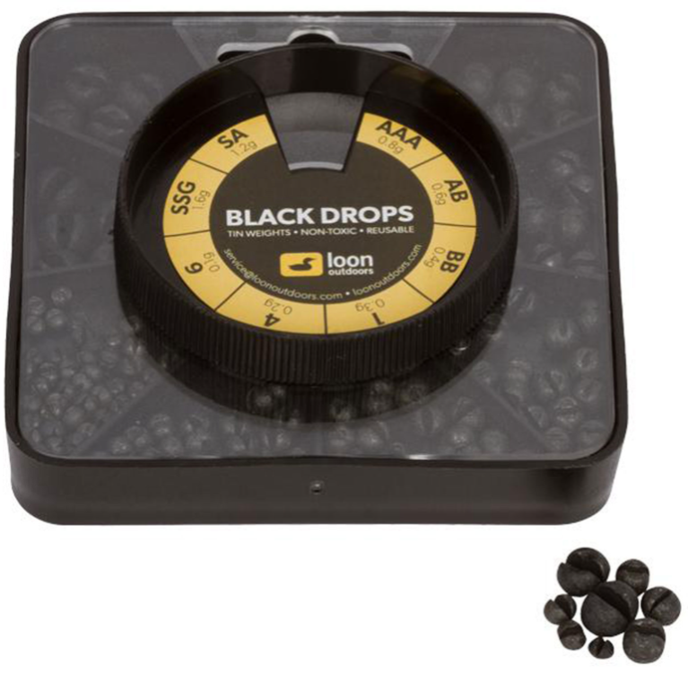 Loon™ Tin Drop Shot Assortments with various colorful fishing lures for fly fishing, displayed in a metal tin container.