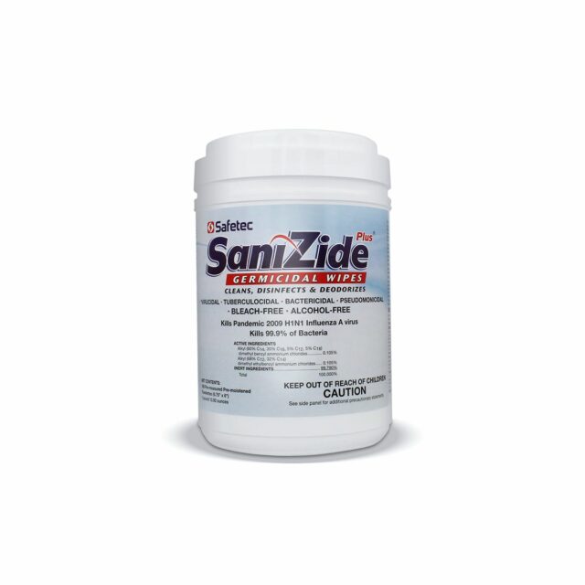 SaniZide Plus® Surface Disinfectant Wipes in a 160-count canister, designed for effective first aid and surface cleaning.