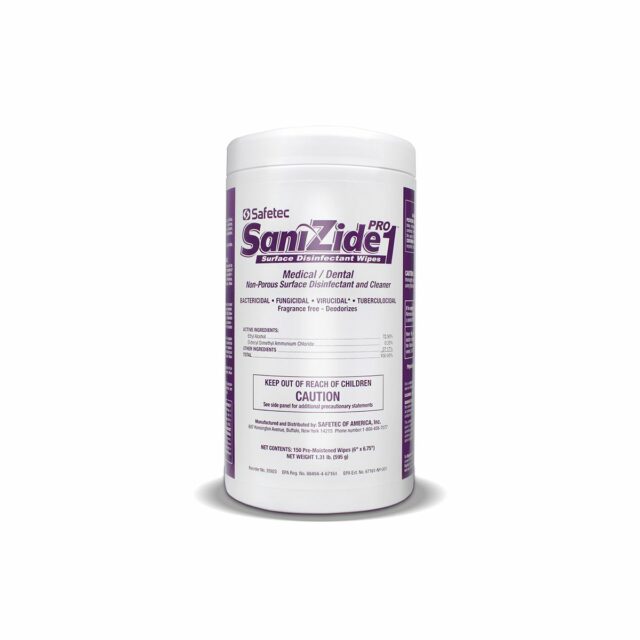 SaniZide Pro 1® disinfectant wipes canister, part of first aid supplies, featuring a clear label and convenient opening.
