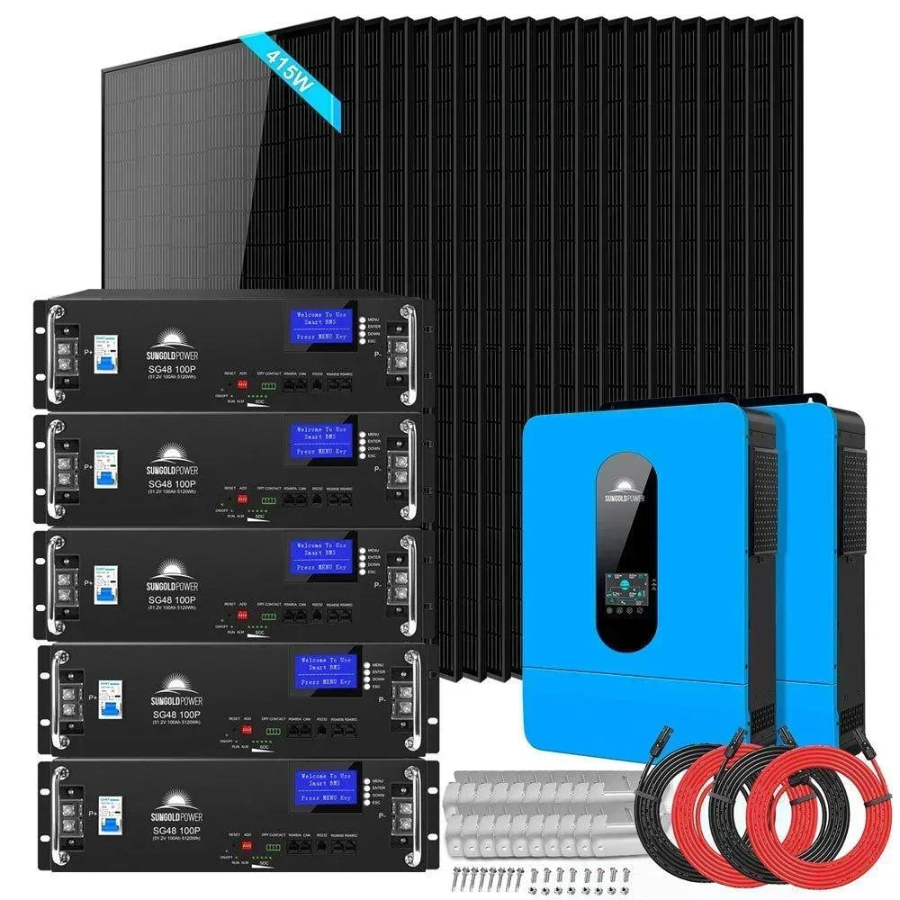 Green Vista Living off-grid solar kit with 14 solar panels and lithium battery, designed for server rack solar power systems.