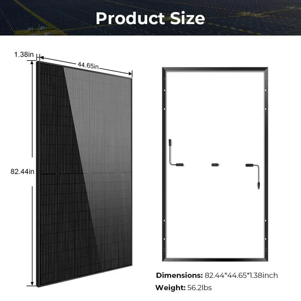 Green Vista Living Sungold Power 500W mono black PERC solar panel, full pallet of 32 panels installed in outdoor setting.