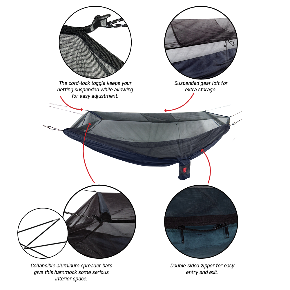 GrandTrunk Skeeter Beeter XT mosquito net hammock set up in a forested area, showcasing its breathable mesh design.