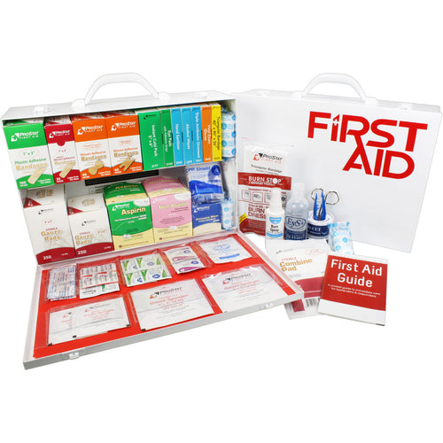 2-shelf ANSI A first aid cabinet by quakekits.com, mounted on wall with first aid supplies inside.