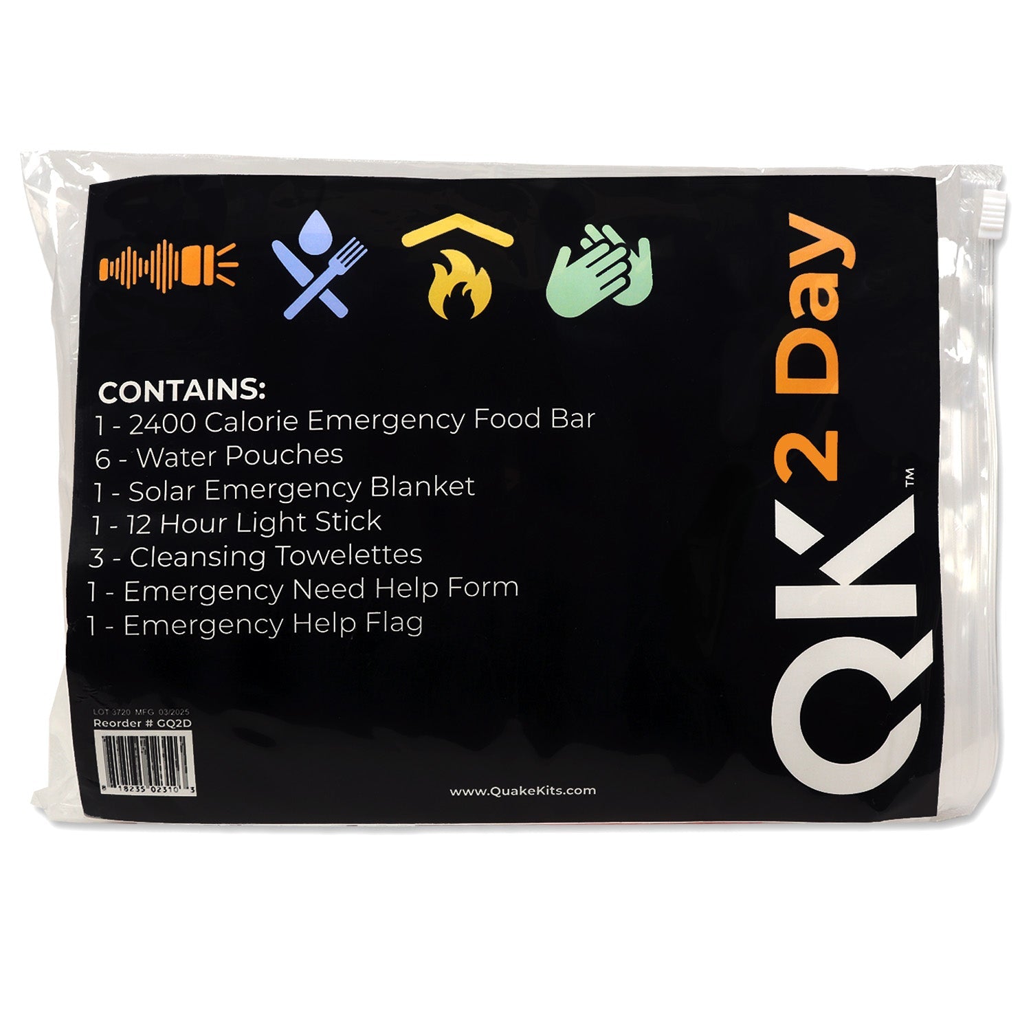 Quake Kits 2-Day Quick Grab Kit in resealable bag for emergency survival and bug-out preparedness.