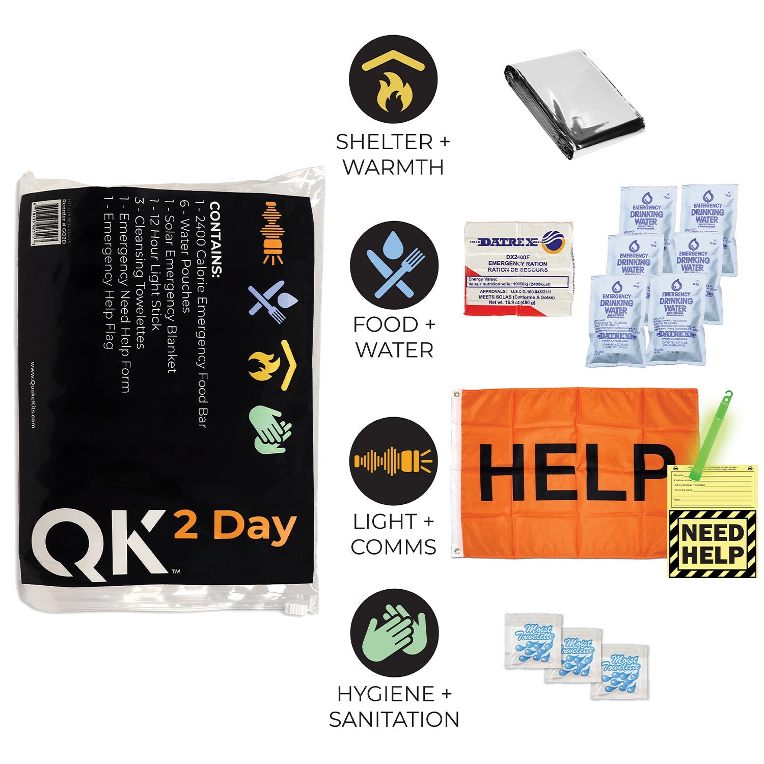 Compact 2-day survival kit in resealable bag by Quake Kits, includes emergency supplies for one person.