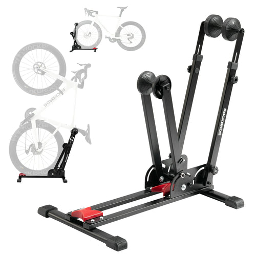RockBros-US 2-in-1 adjustable foldable bike stand made of sturdy carbon steel for 24-27.5 inch bikes, floor vertical rack display