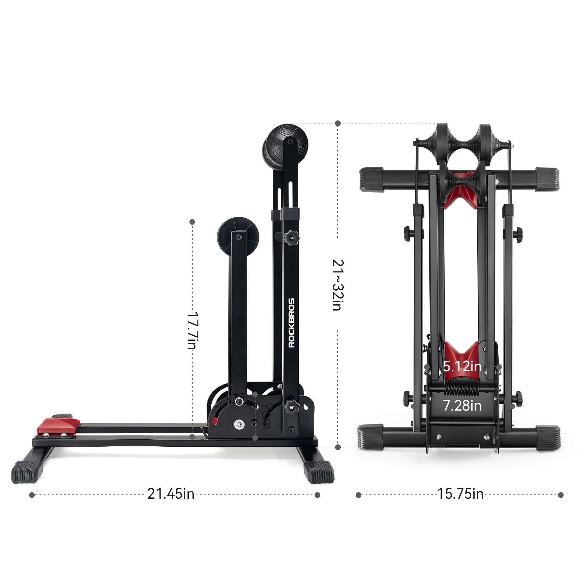 ROCKBROS-US 2-in-1 adjustable foldable bike stand made of sturdy carbon steel, supports 24-27.5 inch bikes on a vertical floor rack.