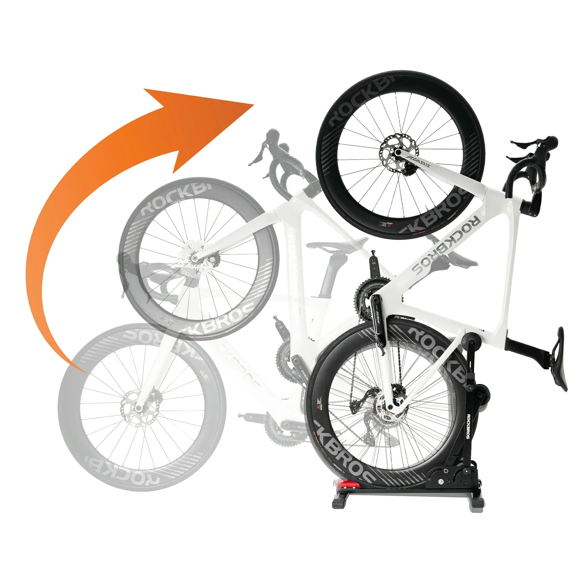 ROCKBROS-US 2-in-1 adjustable bike stand with foldable vertical rack, sturdy carbon steel for 24-27.5 inch bikes, floor-mounted.