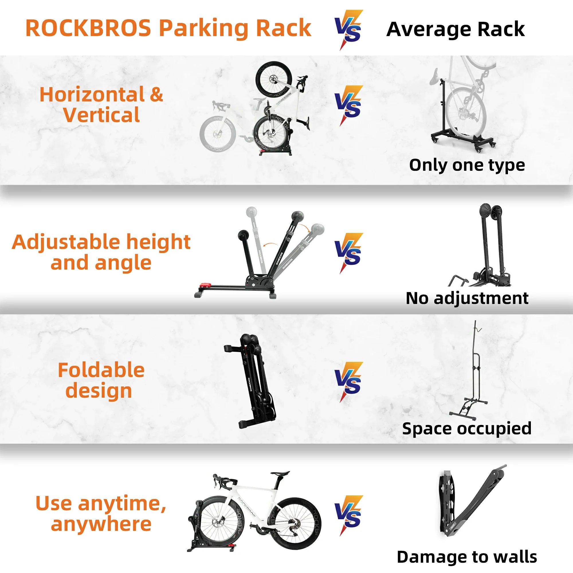 Adjustable foldable bike stand made of sturdy carbon steel, supporting 24-27.5 inch bikes in a vertical floor rack setup.