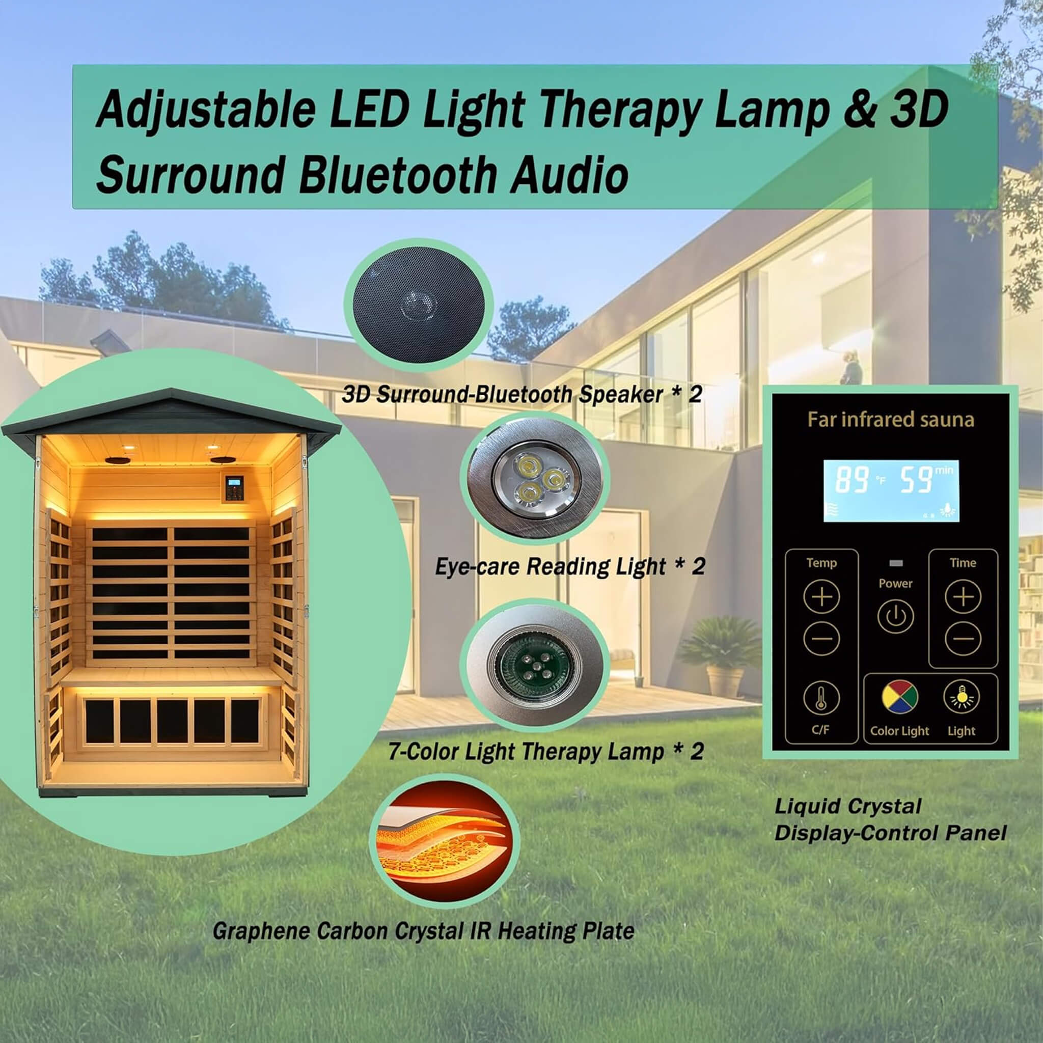 Two-person black carbonized walnut infrared outdoor sauna with Bluetooth audio and LED lighting, featuring low EMF far infrared technology.