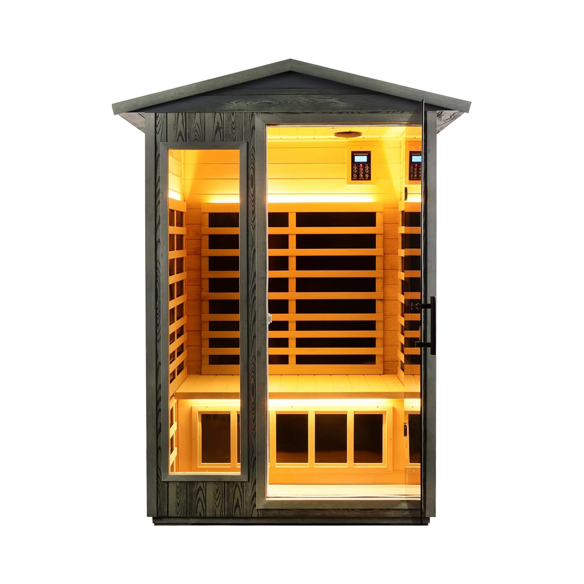 Two-person black carbonized walnut infrared sauna by Thermora Riva with LED lighting and Bluetooth audio, outdoor use, front view.