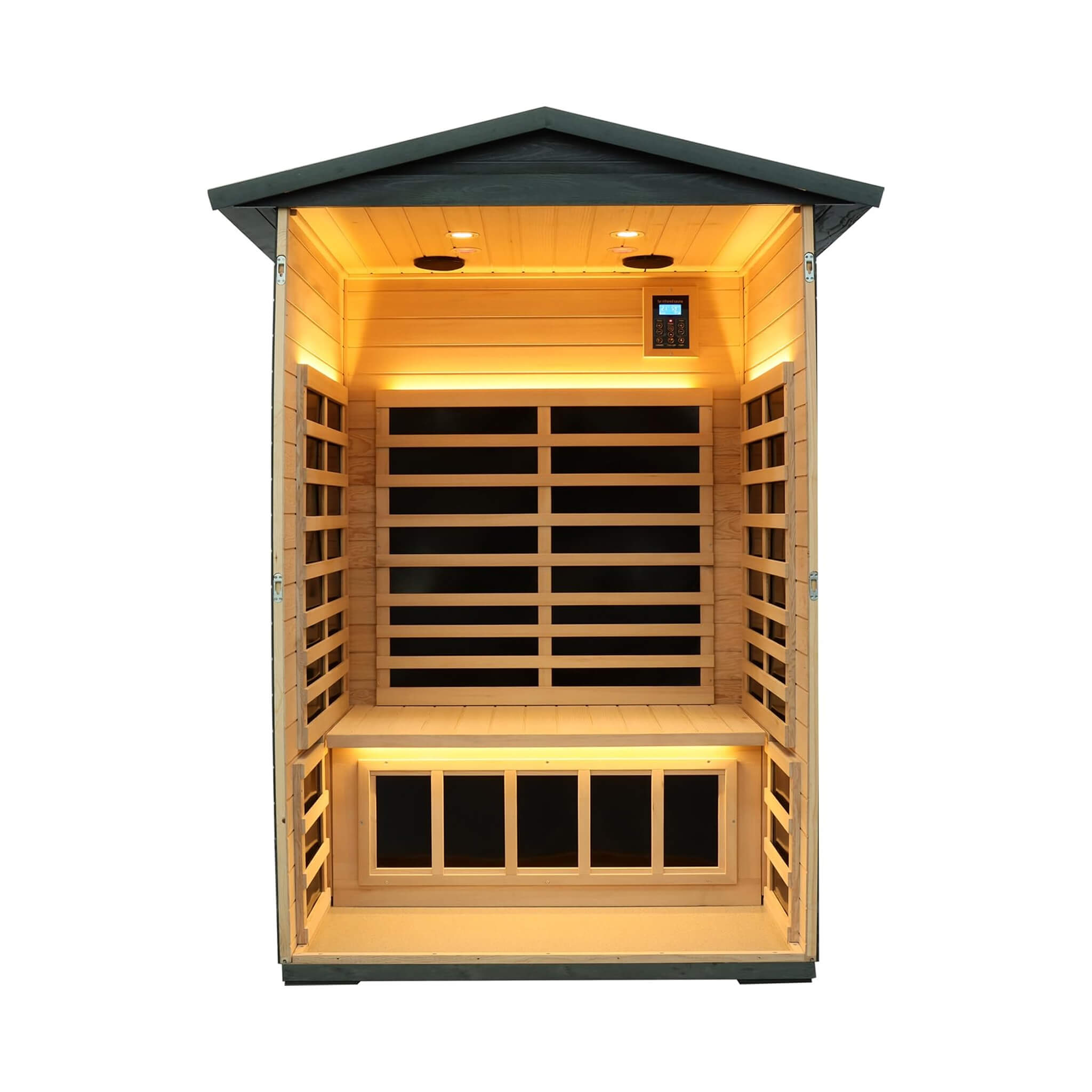 Inside view of SAKSBY WHOLESALE Thermora Riva 2-person black carbonized walnut infrared outdoor sauna with Bluetooth audio and LED lighting.