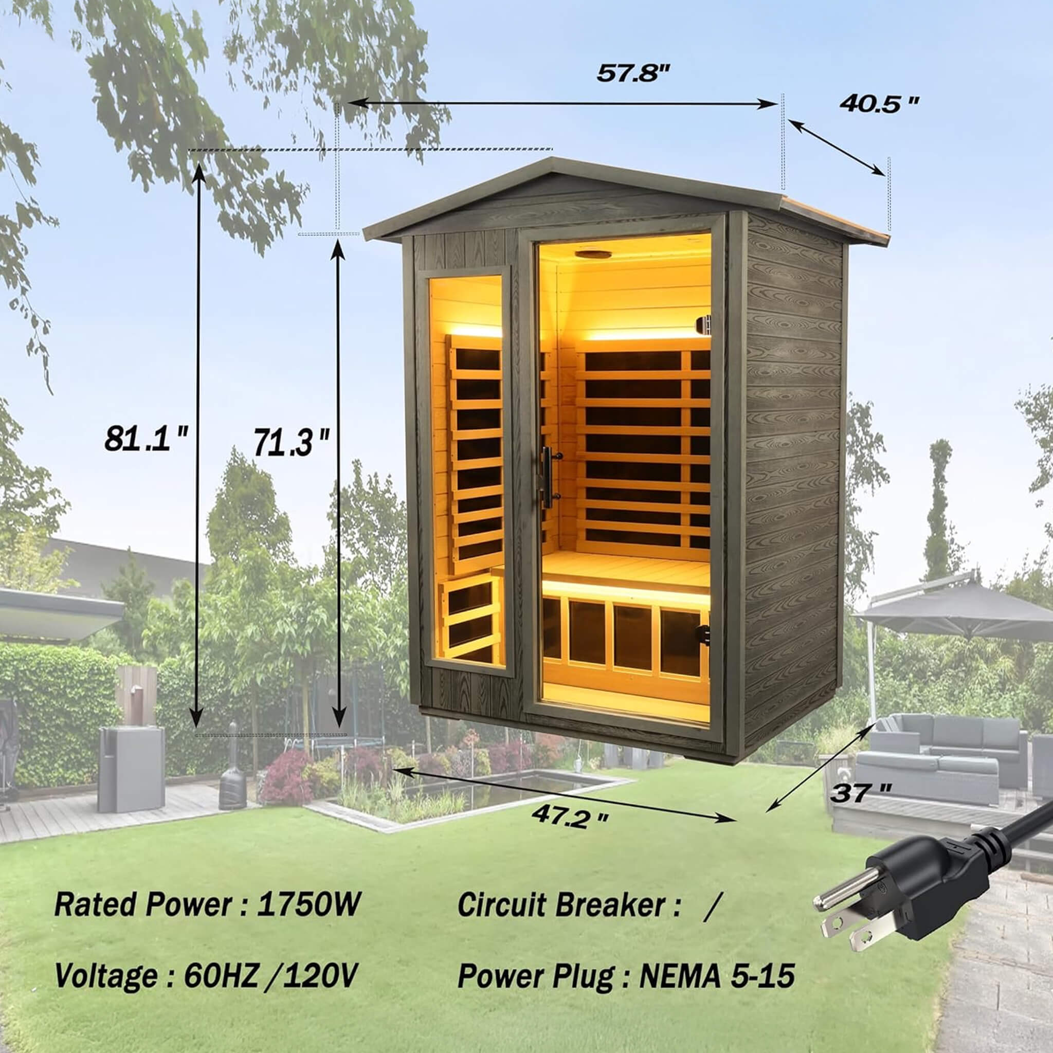 Two-person black carbonized walnut infrared sauna with Bluetooth audio and LED lighting, designed for outdoor use and low EMF emissions.