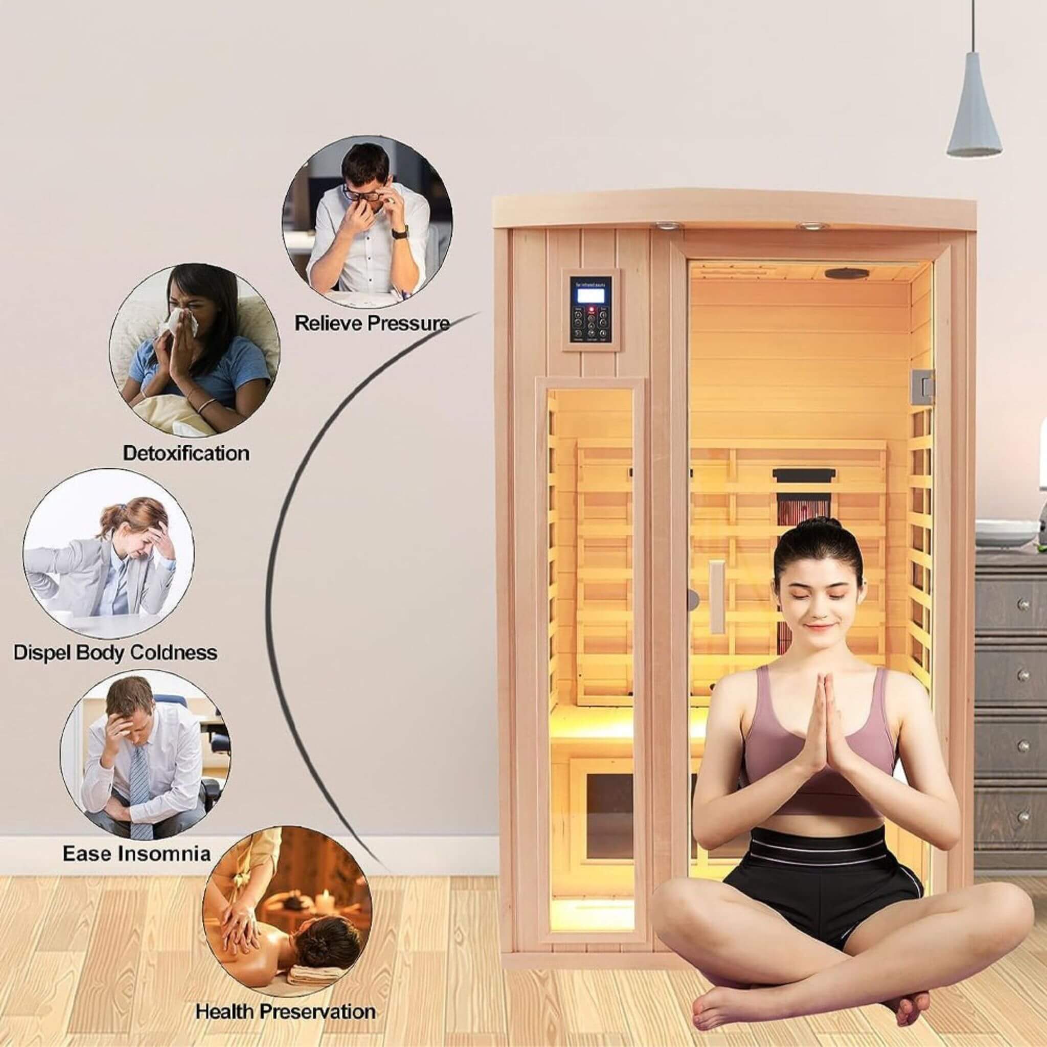SAKSBY WHOLESALE Thermora Orien 2-Person Low EMF Infrared Sauna with ceramic heaters, wood finish, and 1760W power for home use.