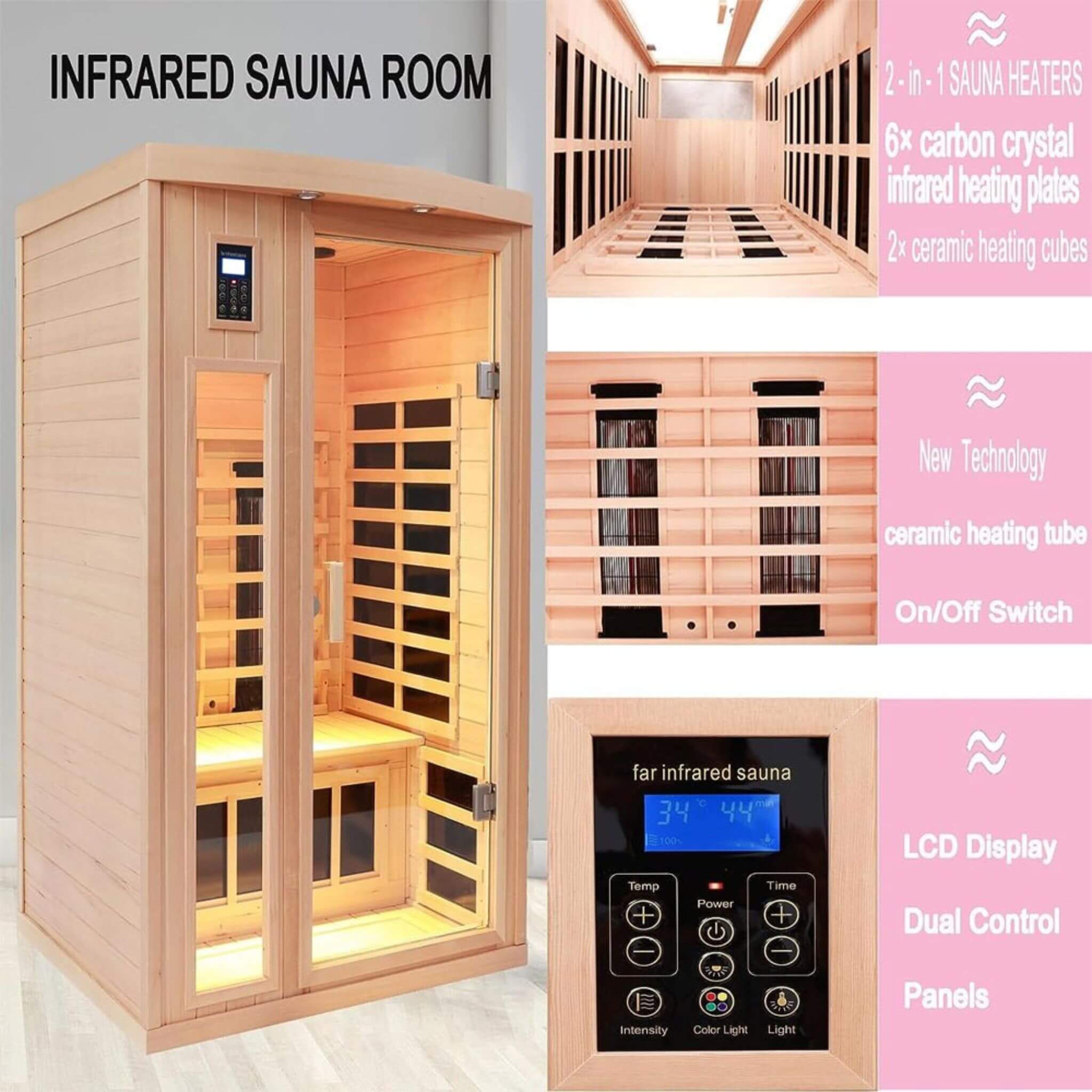 SAKSBY WHOLESALE Thermora Orien 2-person low EMF infrared sauna with wood interior and ceramic heaters, 1760W for home spa relaxation.