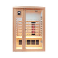Front view of the Thermora Orien Premium 2-Person Low EMF Infrared Sauna with ceramic heaters and wooden interior.