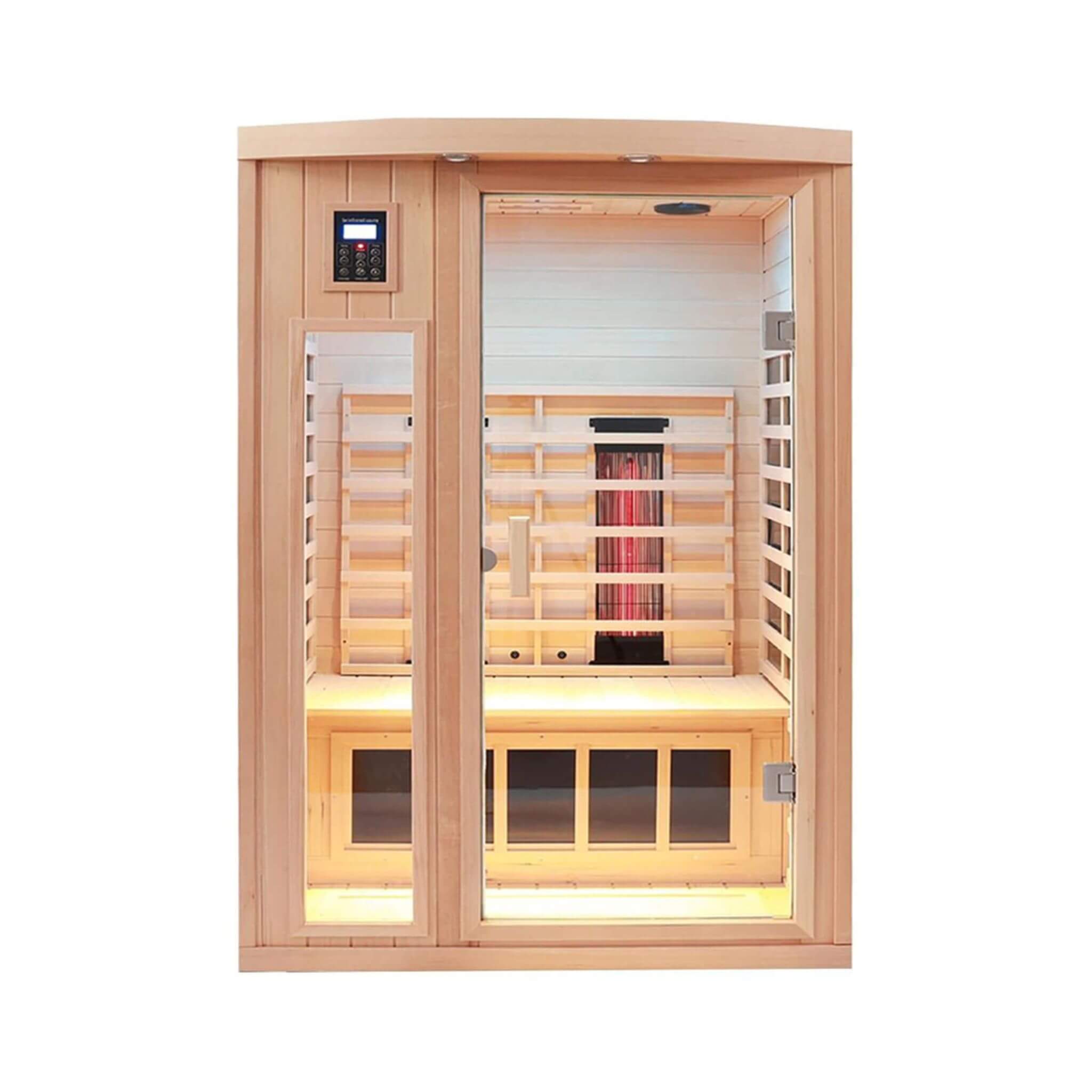 Front view of the Thermora Orien Premium 2-Person Low EMF Infrared Sauna with ceramic heaters and wooden interior.