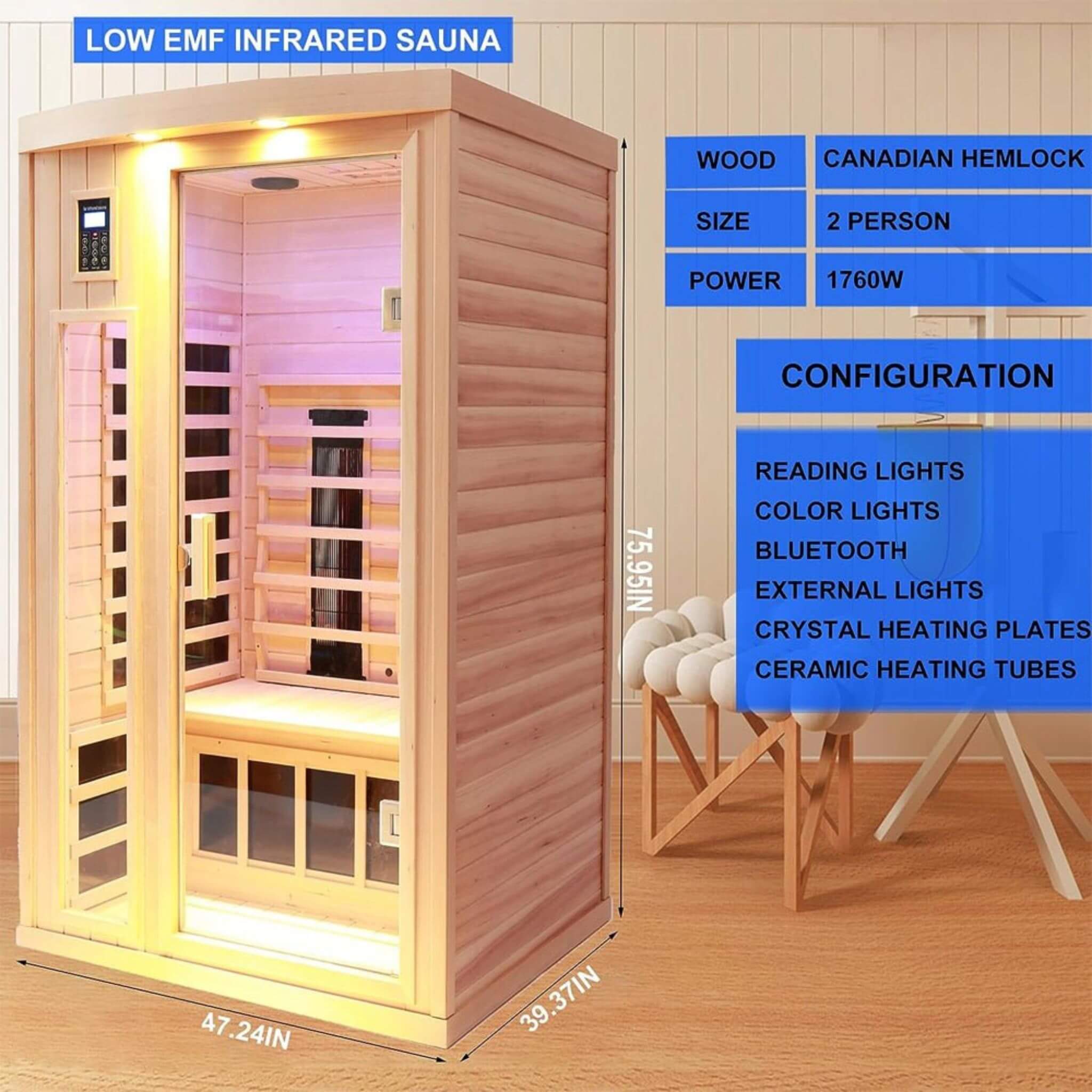 SAKSBY WHOLESALE Thermora Orien Premium 2-Person Infrared Sauna with ceramic heaters, wooden interior, and low EMF design.
