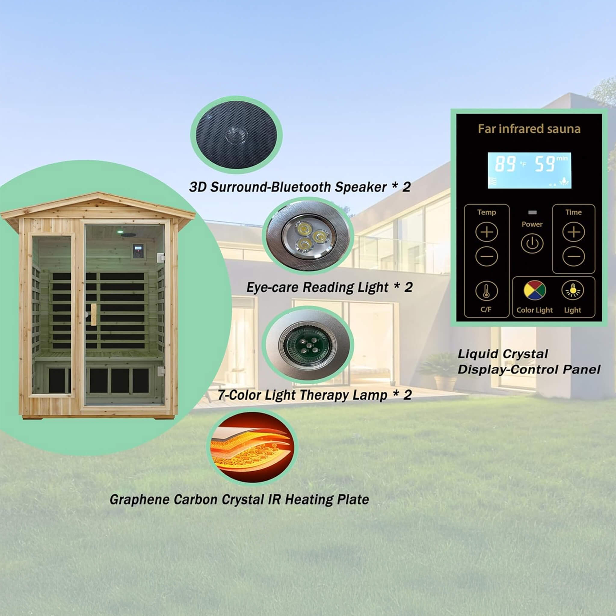 SAKSBY Wholesale Thermora Vexa 2-person outdoor low EMF infrared sauna with Hemlock wood, Bluetooth, and chromotherapy lighting.