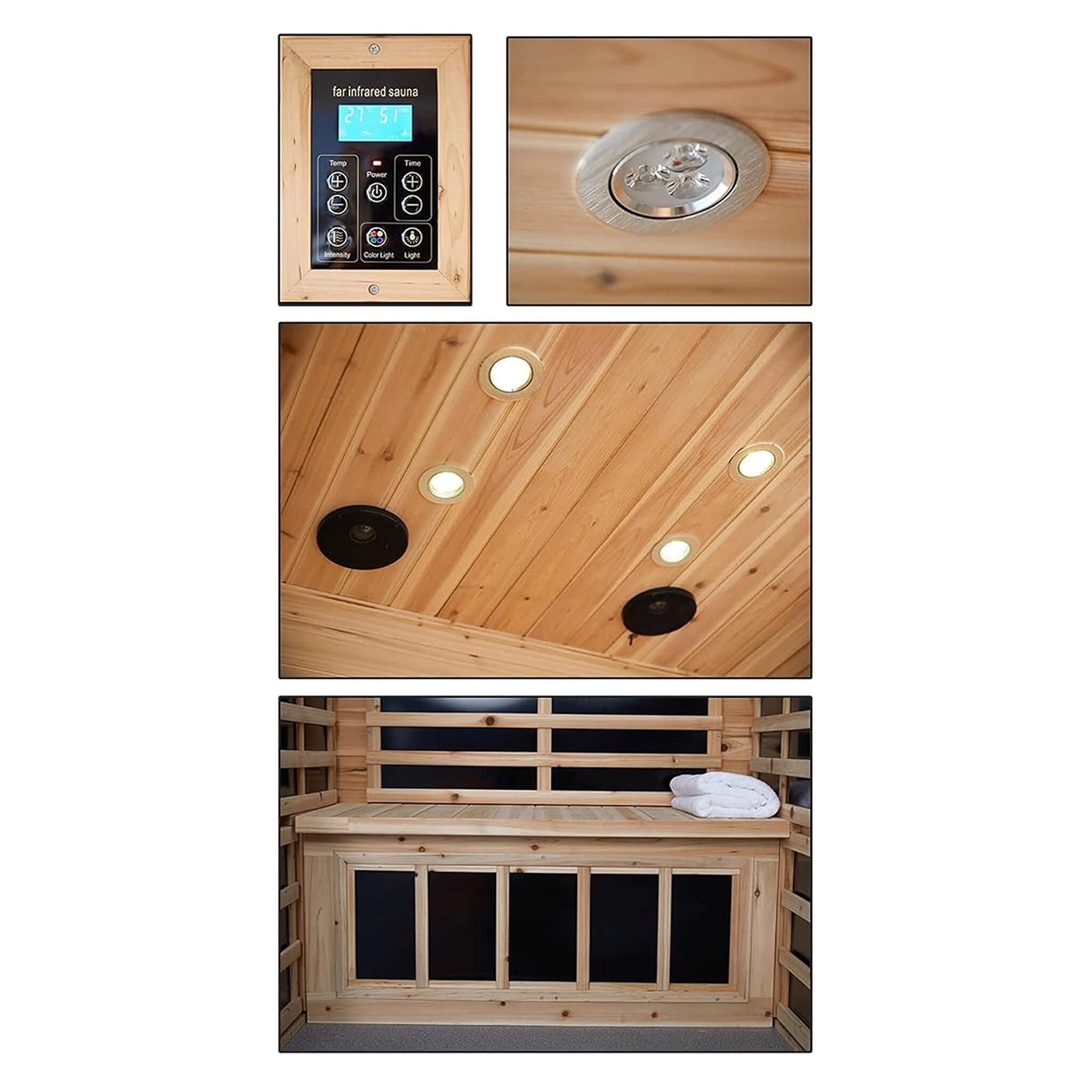Two-person outdoor infrared sauna made of Hemlock wood with Bluetooth, chromotherapy light, and low EMF for relaxation.