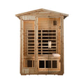 SAKSBY WHOLESALE Thermora Vexa 2-person outdoor infrared sauna in Hemlock wood with Bluetooth and chromotherapy lighting, front view with door open.