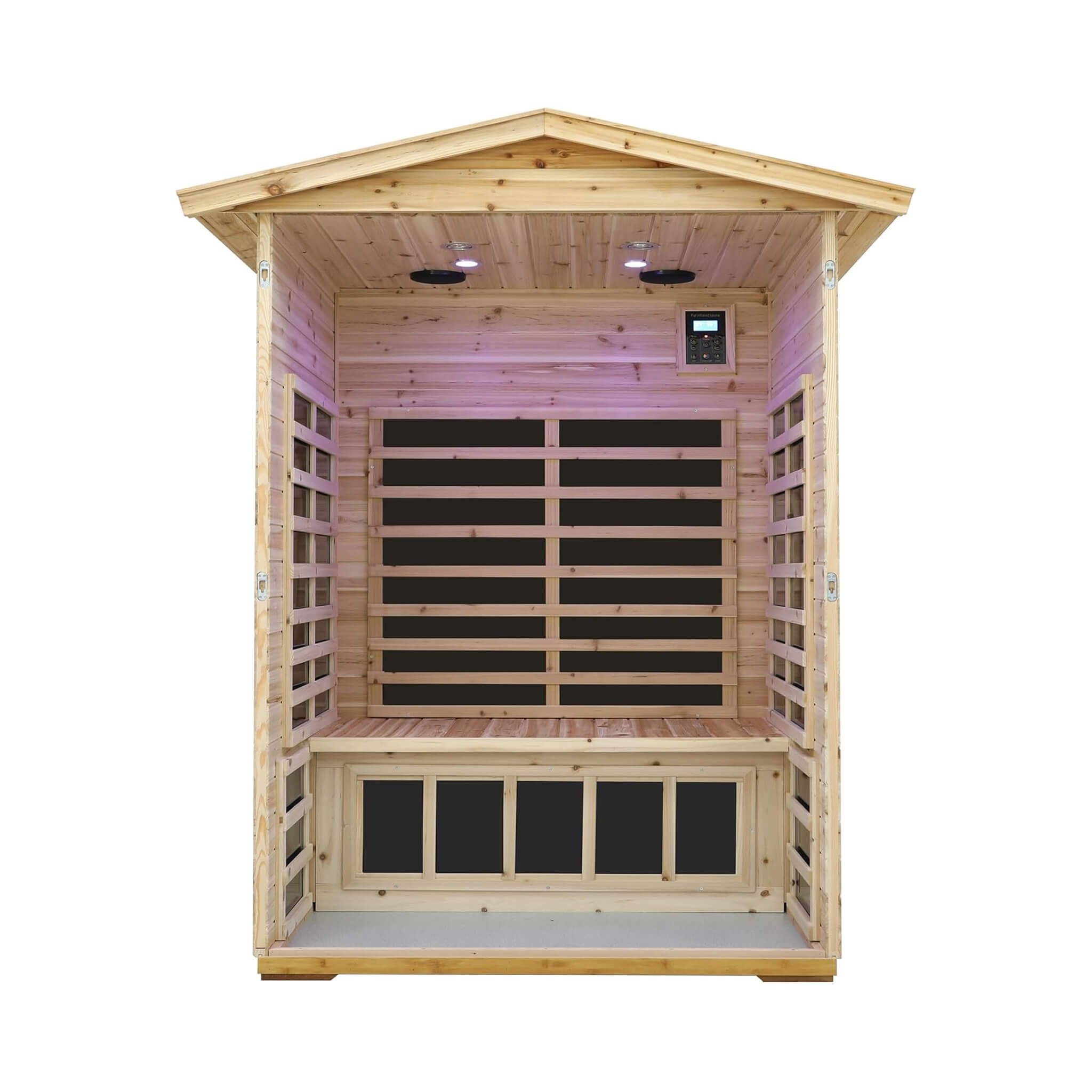 Indoor view of SAKSBY WHOLESALE Thermora Vexa luxury 2-person outdoor infrared sauna with Hemlock wood, Bluetooth, and chromotherapy lights.