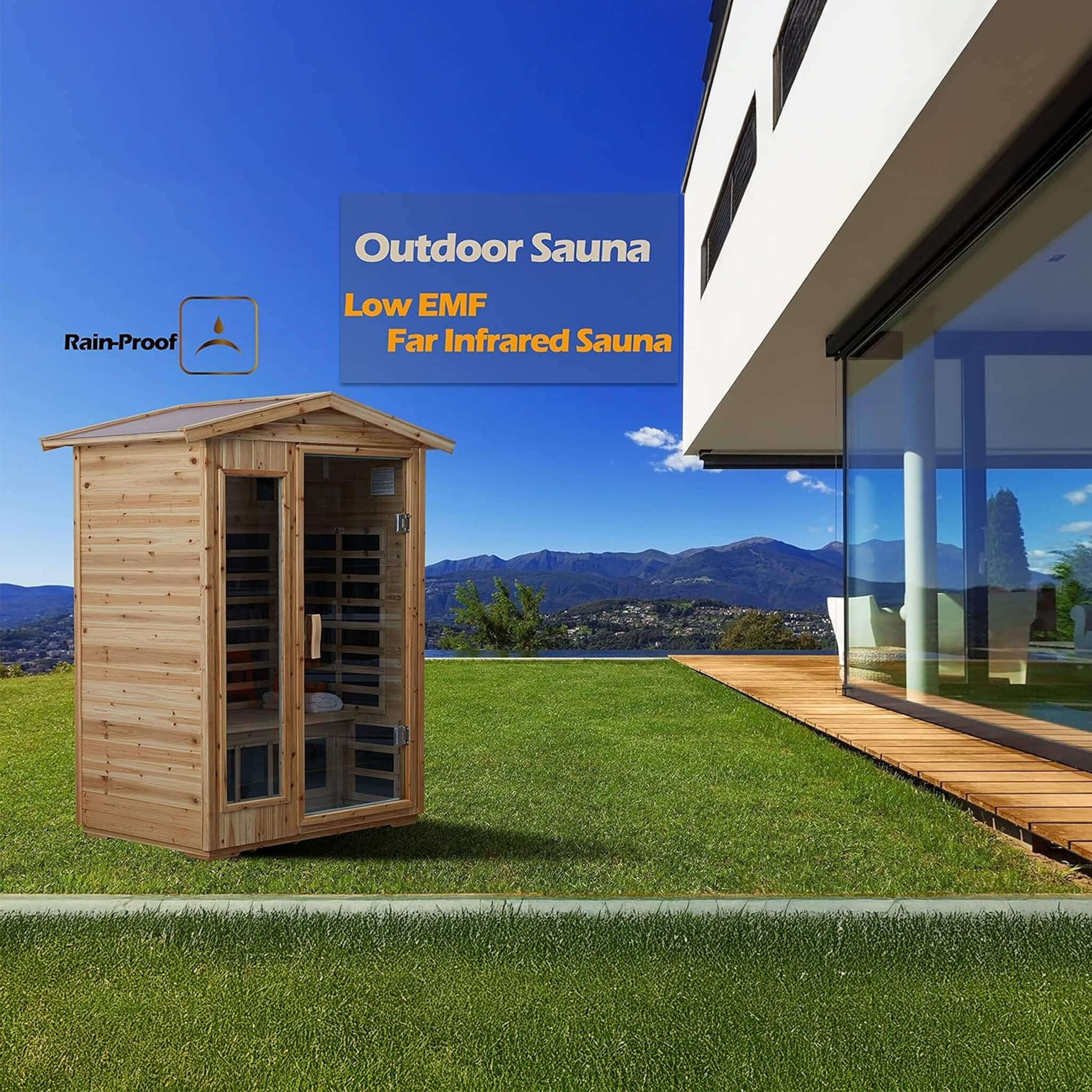 Two-person outdoor infrared sauna made of Hemlock wood with Bluetooth speakers and chromotherapy lighting, designed for relaxing wellness.