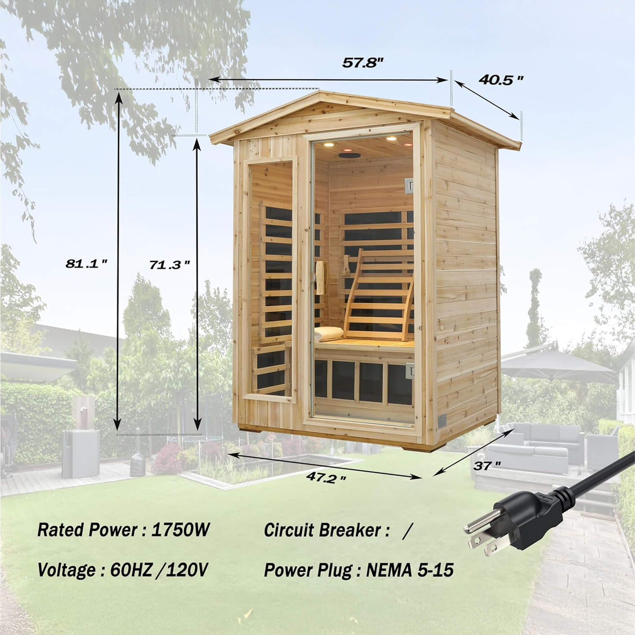 Two-person outdoor infrared sauna in Hemlock wood with Bluetooth, chromotherapy lights, and low EMF for relaxation and wellness.
