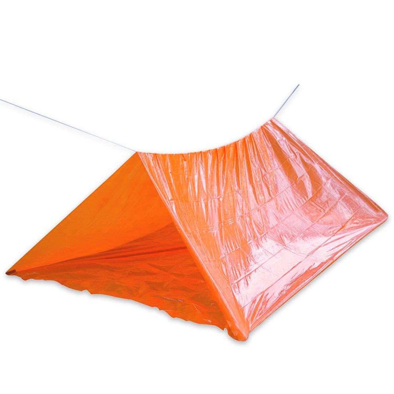 Lightweight 2-person emergency tube tent with survival cord, designed for quick shelter in outdoor environments.