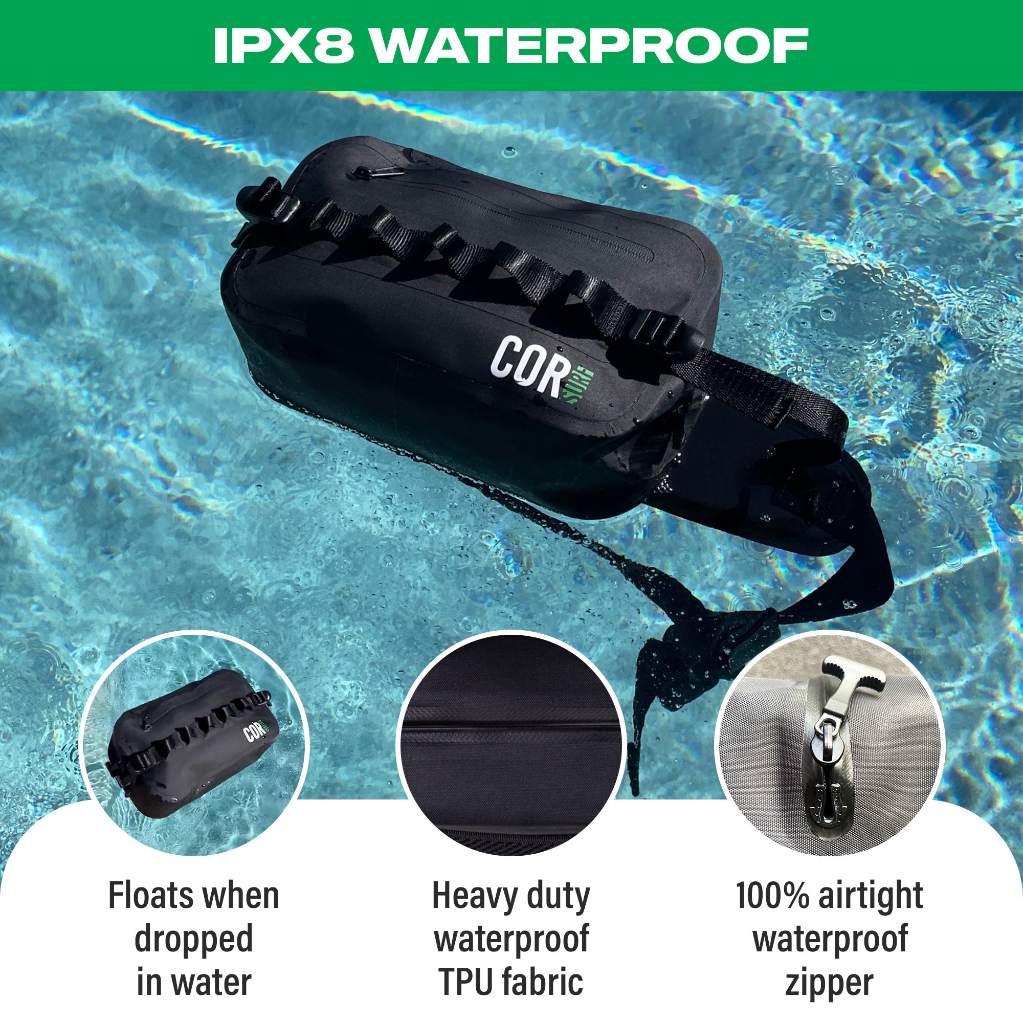 COR Surf waterproof waist pack fanny pack with 2.5L capacity, shown in infographic highlighting waterproof features and adjustable strap