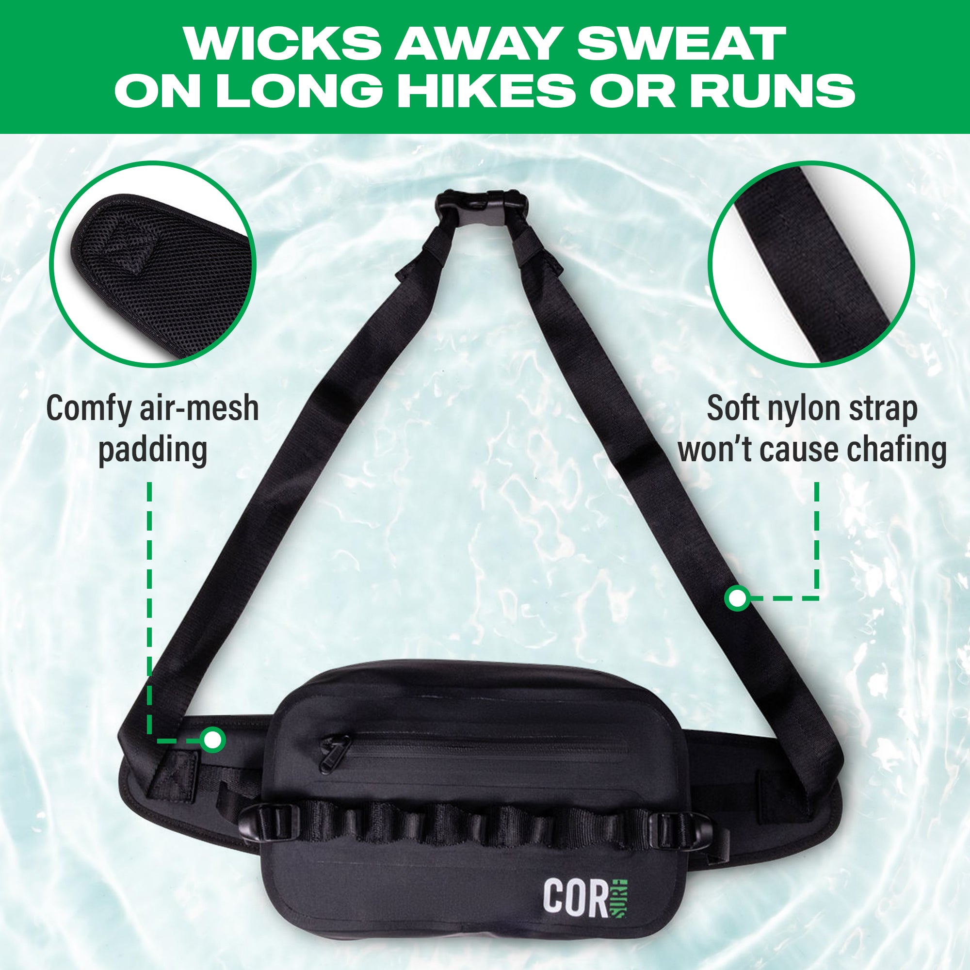 COR Surf waterproof waist pack with 2.5L capacity, designed to wick away sweat and keep belongings dry during outdoor activities.