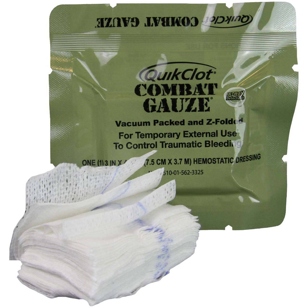 Z-fold QuikClot Combat Gauze for bleeding management, military use, designed for rapid wound clotting and bleeding control.