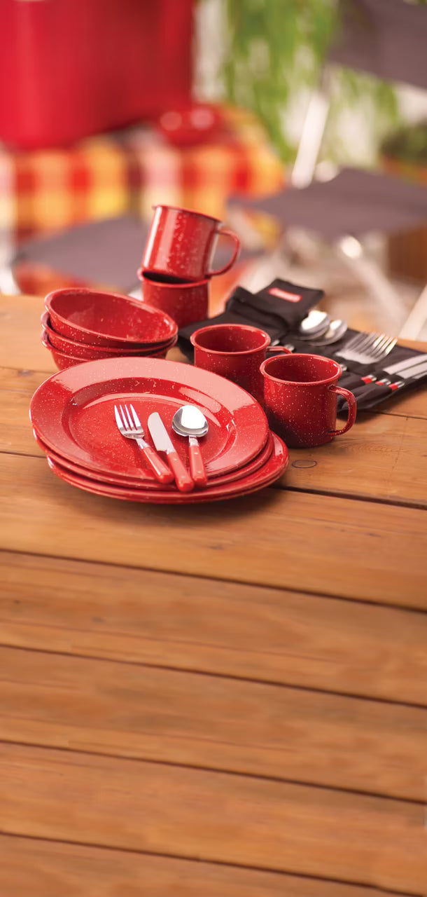 Coleman 24-Piece Speckled Enamelware Cook Set - Red - OVERLANDERS Outfitter