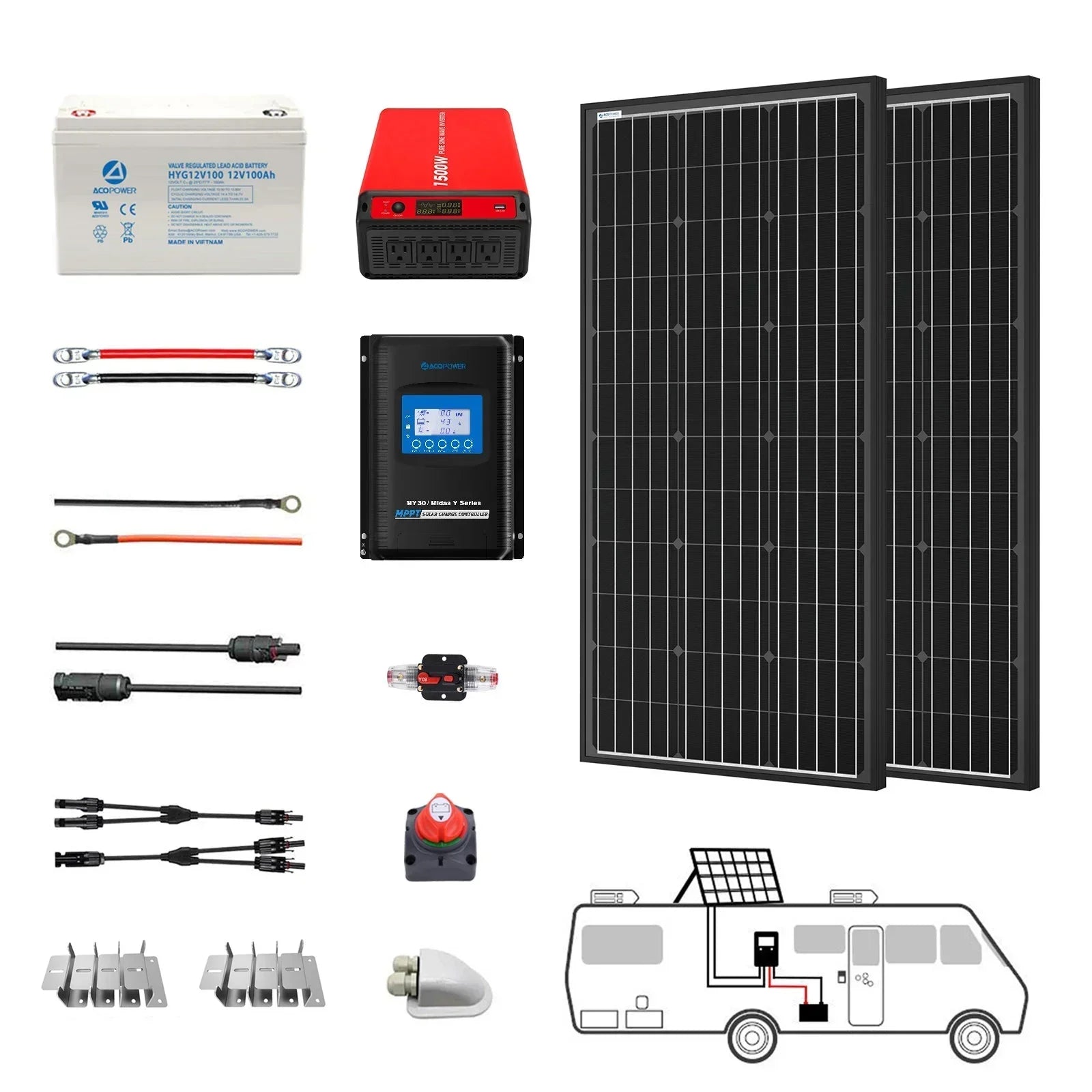 ACOPOWER Deep Cycle GEL Battery Mono Solar Power Complete System with Battery and Inverter for RV Boat 12V Off Grid Kit - OVERLANDERS Outfitter