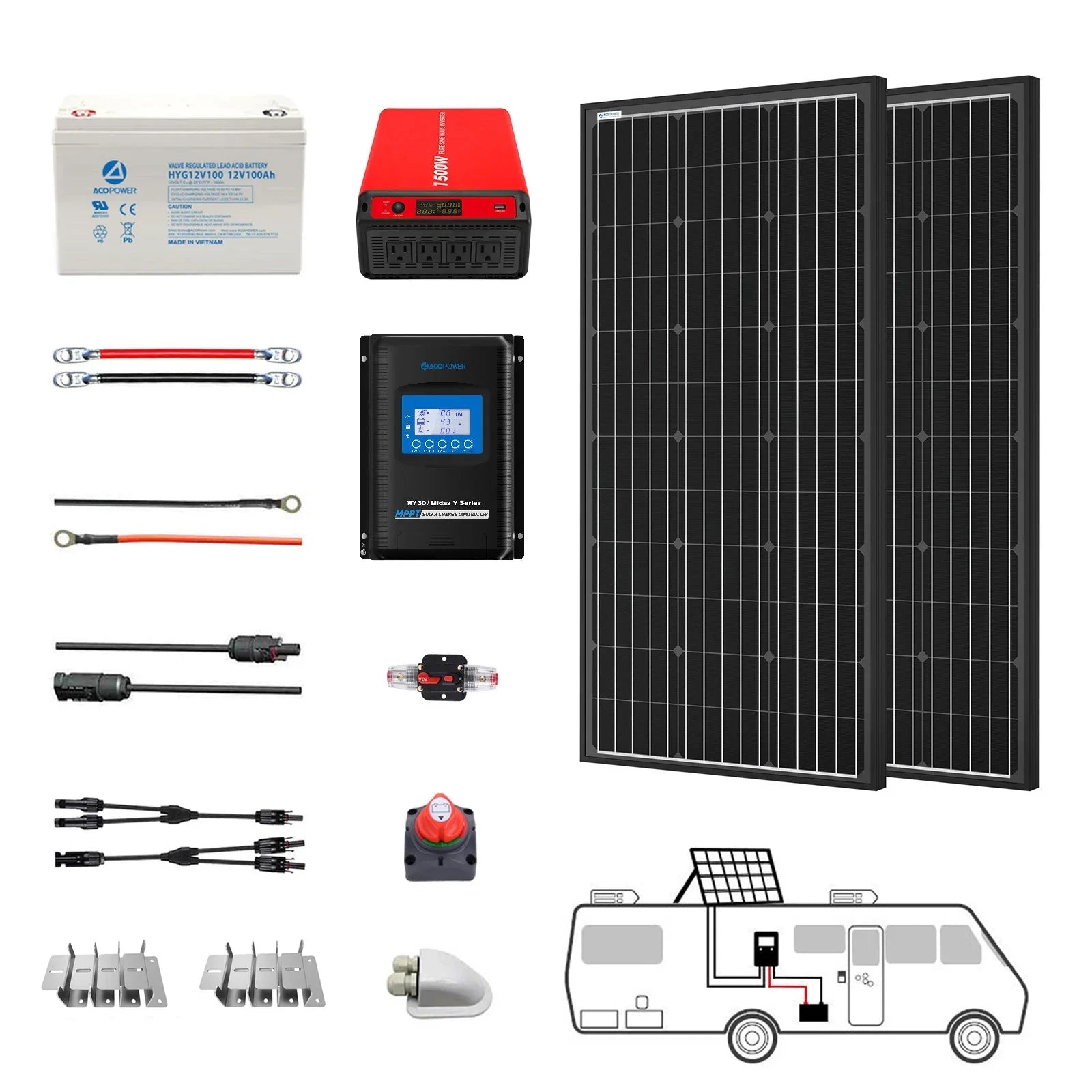 ACOPOWER Deep Cycle GEL Battery Mono Solar Power Complete System with Battery and Inverter for RV Boat 12V Off Grid Kit - OVERLANDERS Outfitter