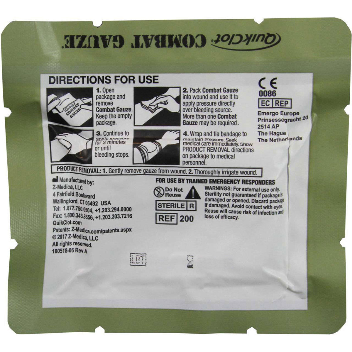 Z-fold QuikClot Combat Gauze for bleeding management, military-grade hemostatic dressing on a sterile background.