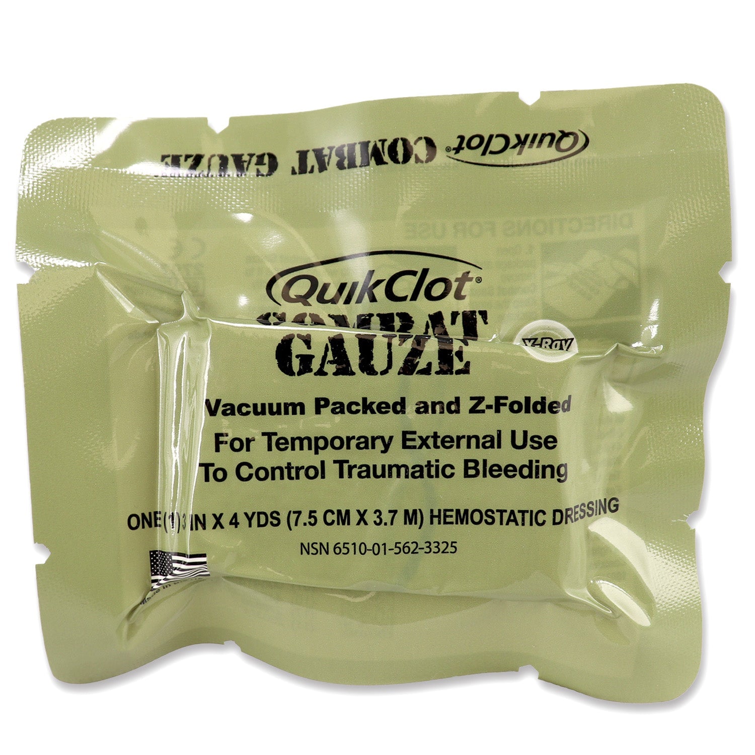 Z-fold QuikClot Combat Gauze for bleeding management, military-grade wound dressing, designed for quick clotting in emergency situations.