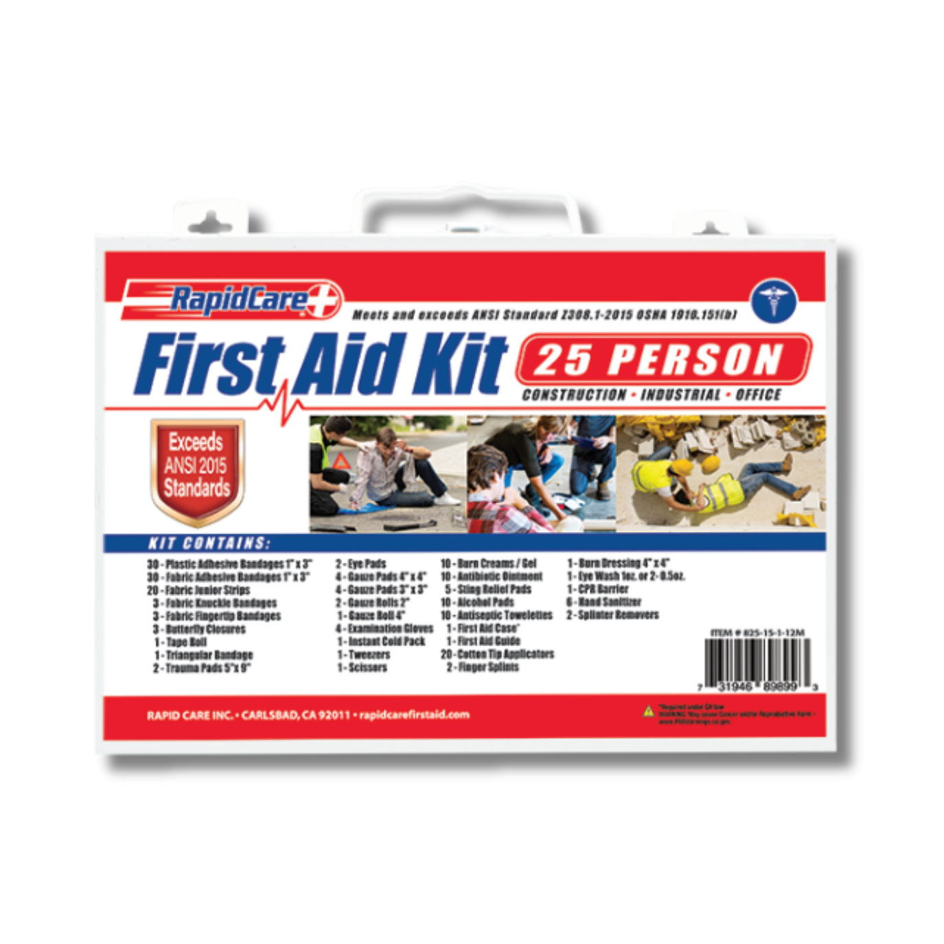 Small 25-person first aid kit by Rapid Care First Aid with metal case, containing medical supplies for emergency use.