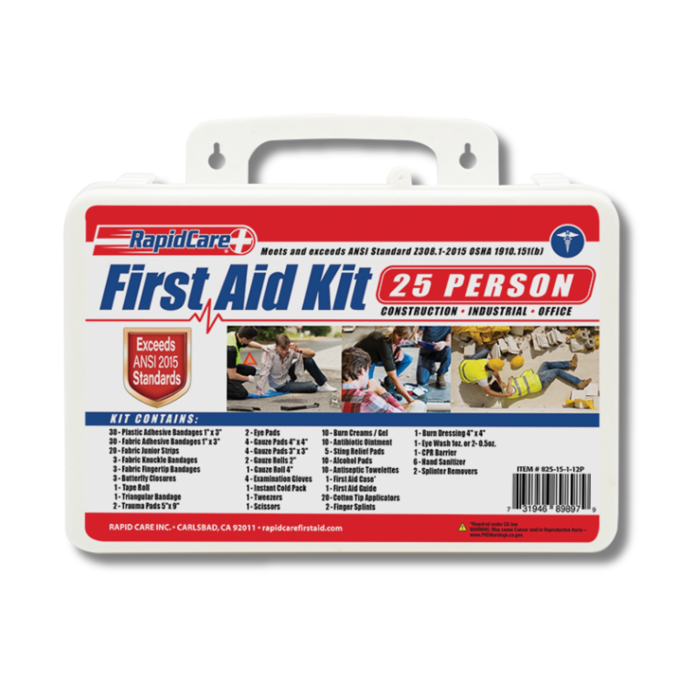 Small 25-person first aid kit by Rapid Care First Aid, featuring essential medical supplies in a compact plastic case.