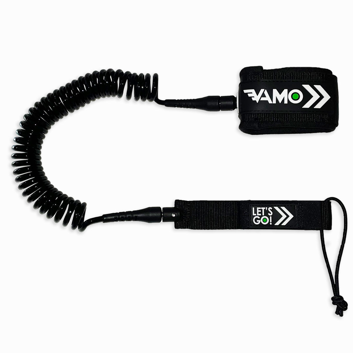 Black Vamo Life foil calf leash, 6 or 8 feet coil design, shown in a close-up image with the leash coiled and ready for use.